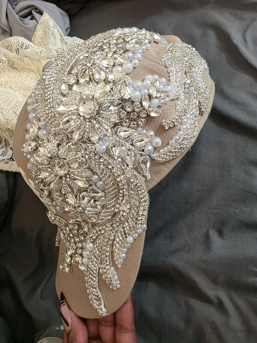 47 Brand Embellished NY Baseball Cap in Taupe with Crystal & Pearl Accents - Picture 2 of 5